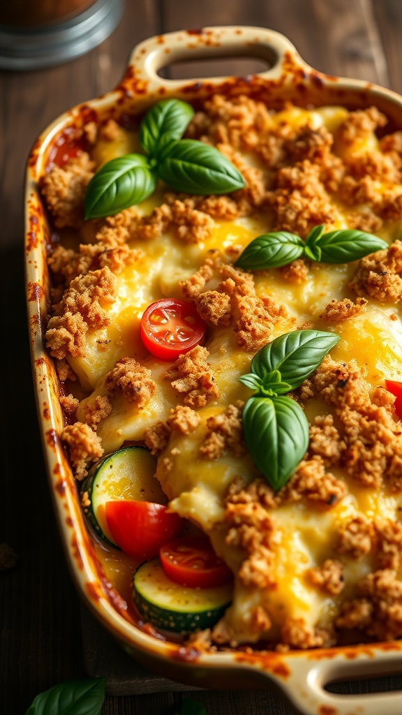 Cheesy scalloped zucchini and tomatoes in a baking dish, garnished with basil, on a wooden table.